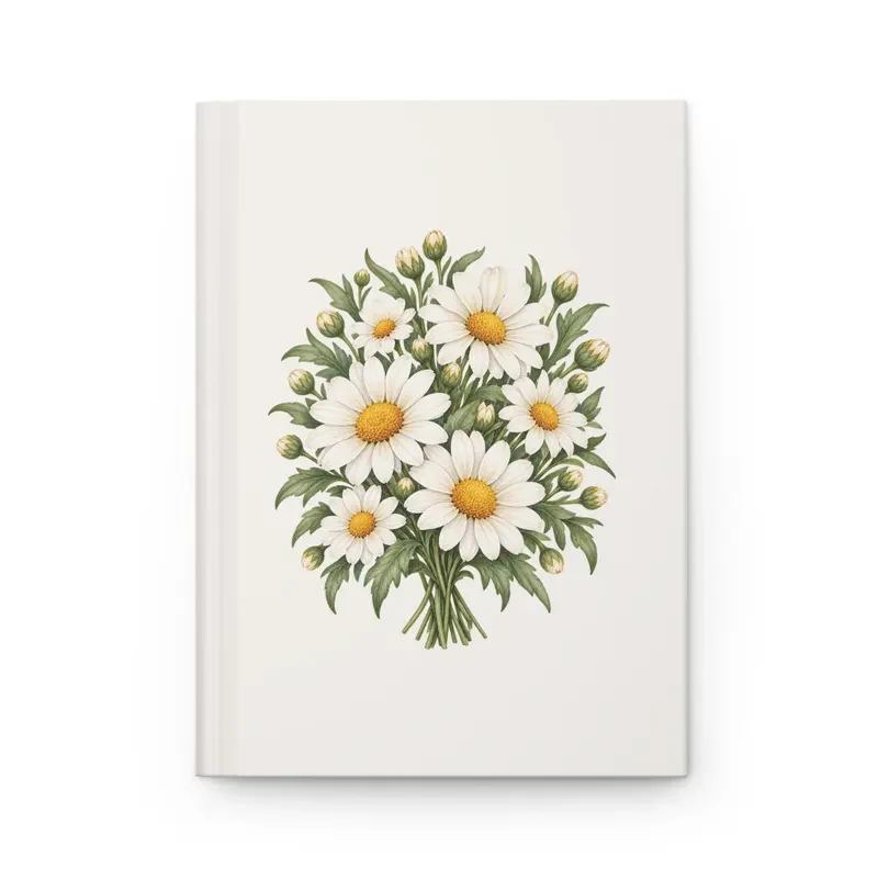 April daisy bouquet on a cream matte hardcover journal, front view — digital mockup