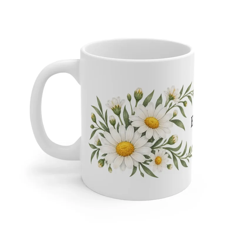 April daisy wrap on a white ceramic mug, floral-facing view — digital mockup
