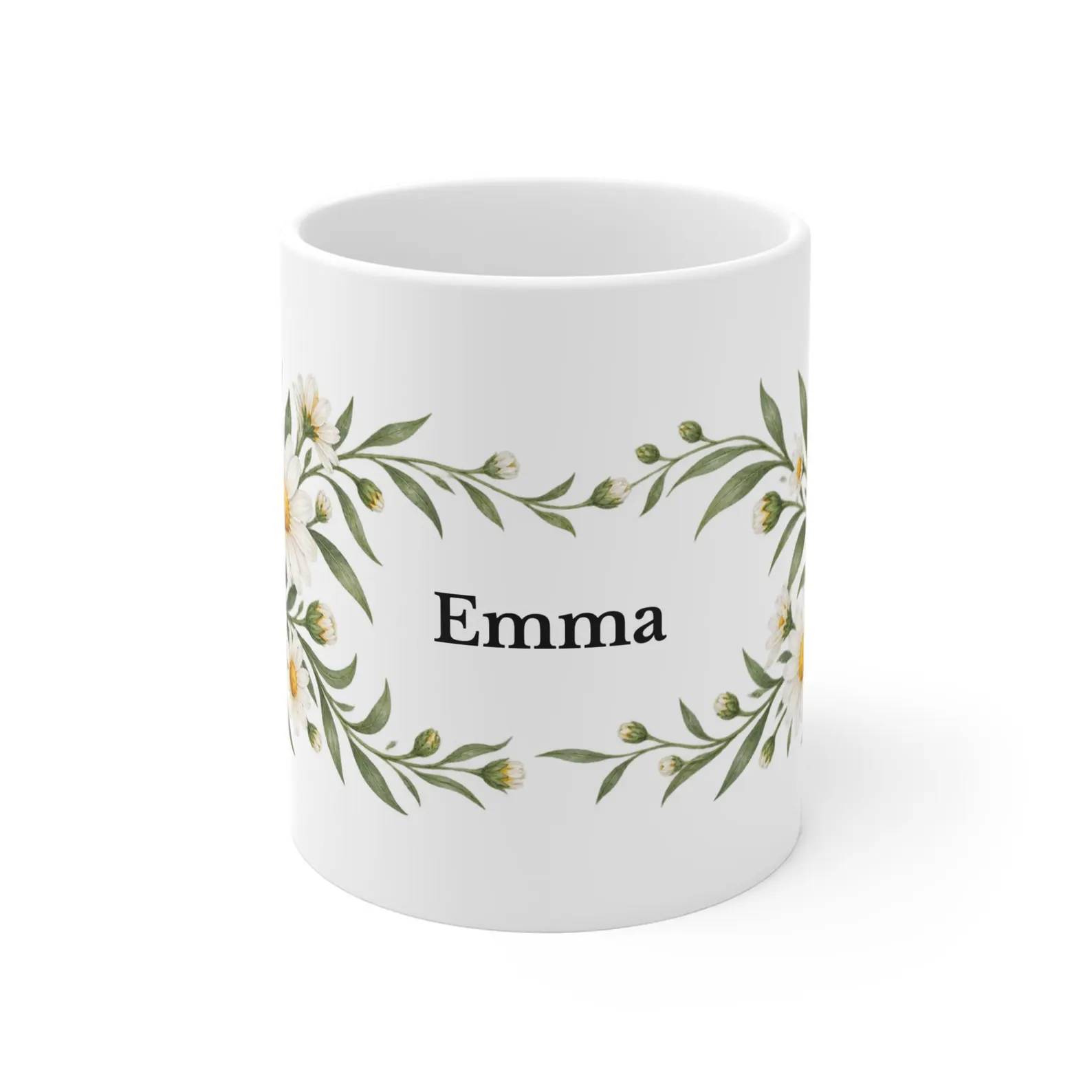 April daisy mug with the example name Emma — digital mockup
