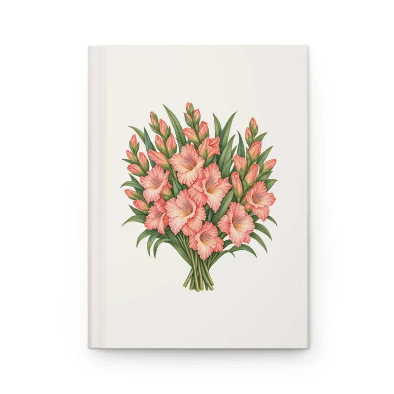 August gladiolus bouquet on a cream matte hardcover journal, front view — digital mockup