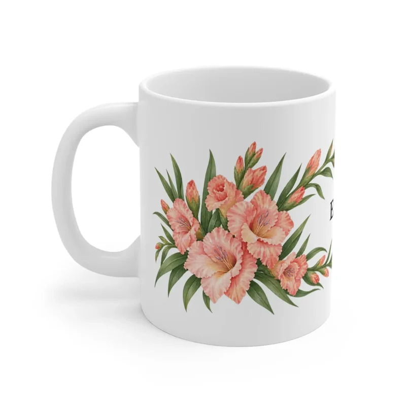 August gladiolus wrap on a white ceramic mug, floral-facing view — digital mockup