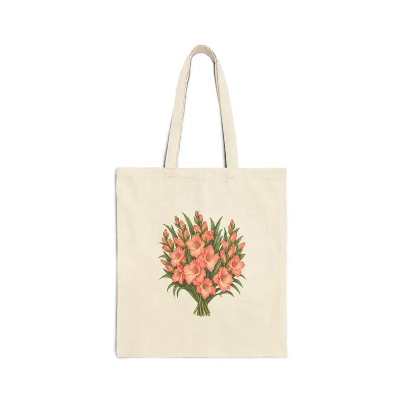 August gladiolus bouquet on a natural canvas tote — digital mockup