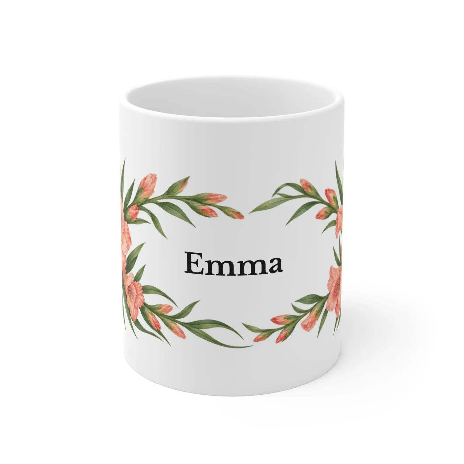 August gladiolus mug with the example name Emma — digital mockup