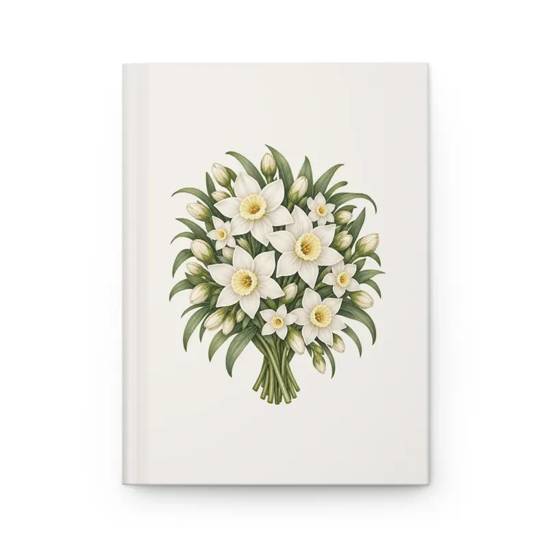December narcissus bouquet on a cream matte hardcover journal, front view — digital mockup