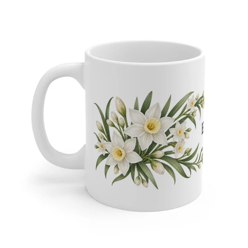 December narcissus wrap on a white ceramic mug, floral-facing view — digital mockup