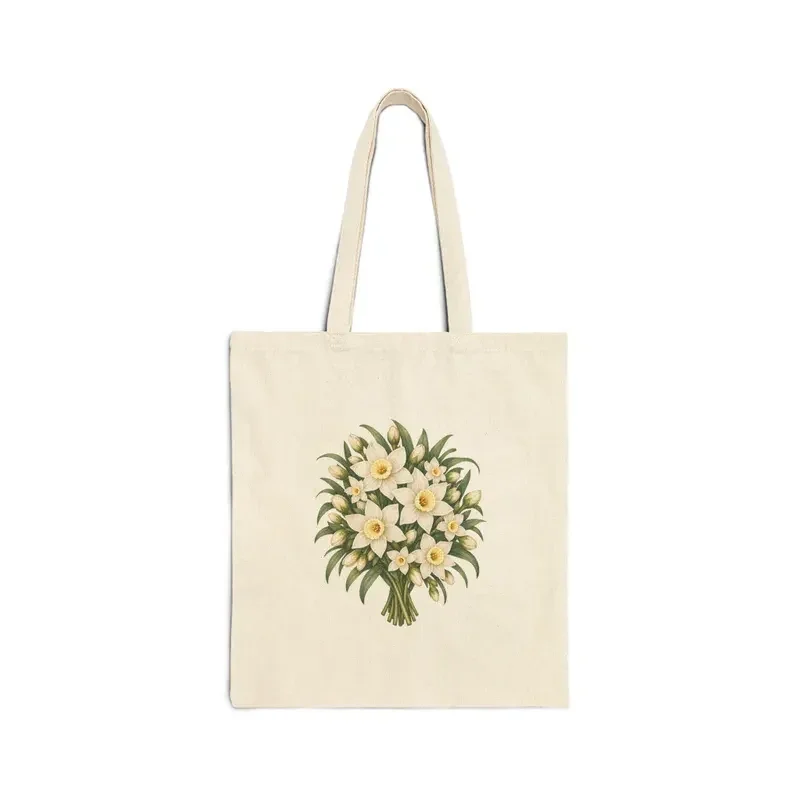 December narcissus bouquet on a natural canvas tote — digital mockup