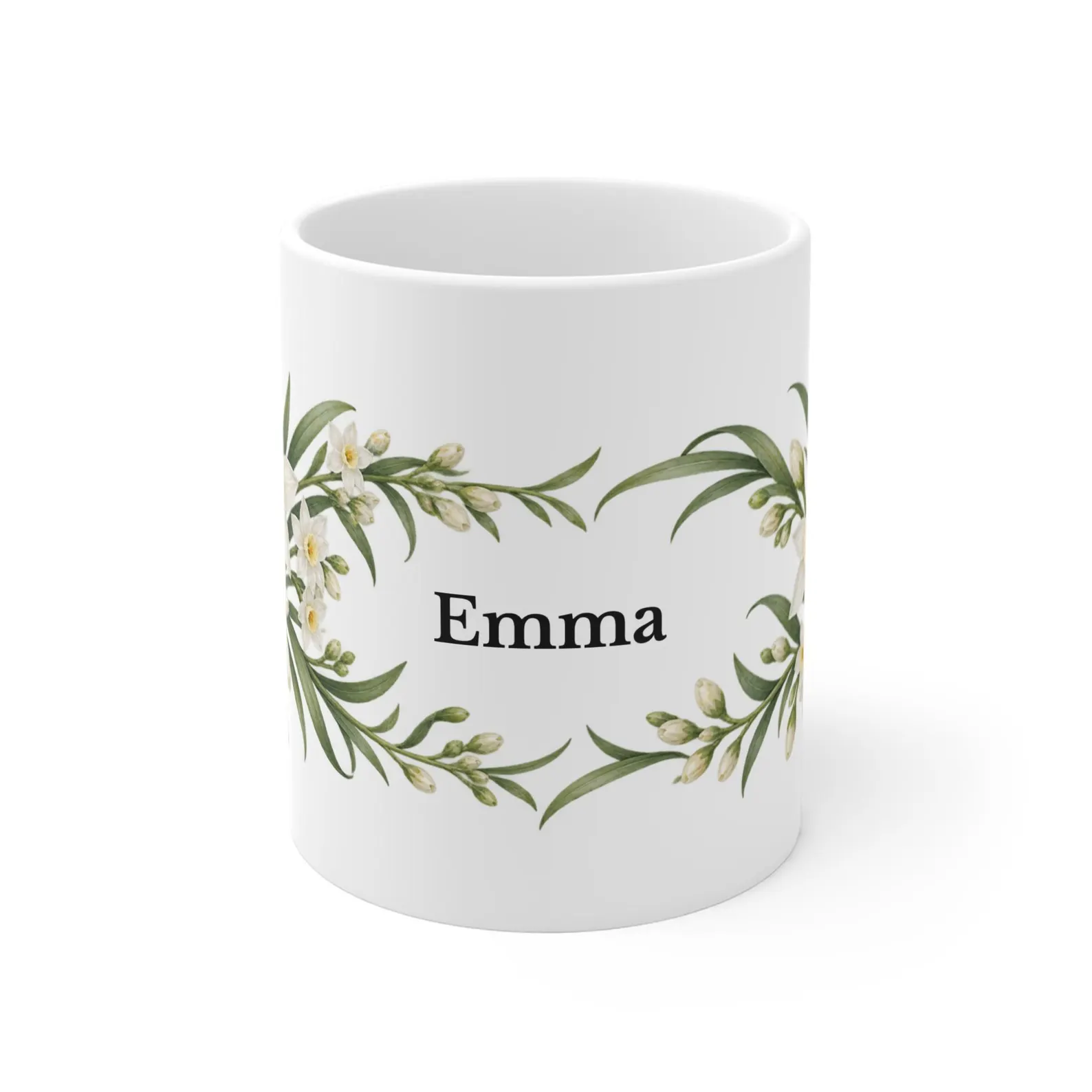 December narcissus mug with the example name Emma — digital mockup