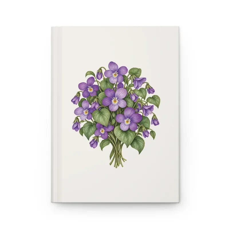 February violet bouquet on a cream matte hardcover journal, front view — digital mockup