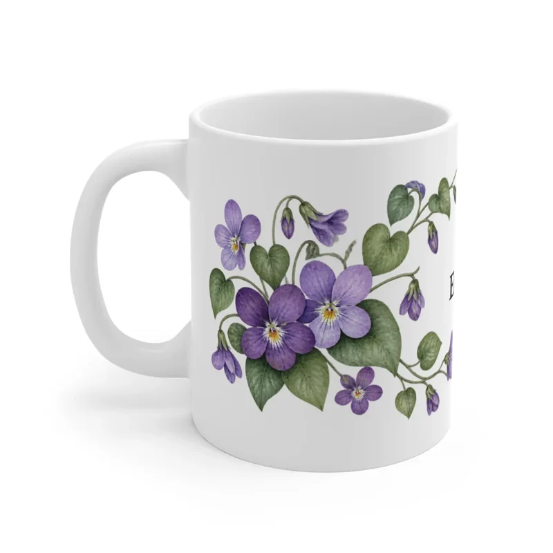 February violet wrap on a white ceramic mug, floral-facing view — digital mockup