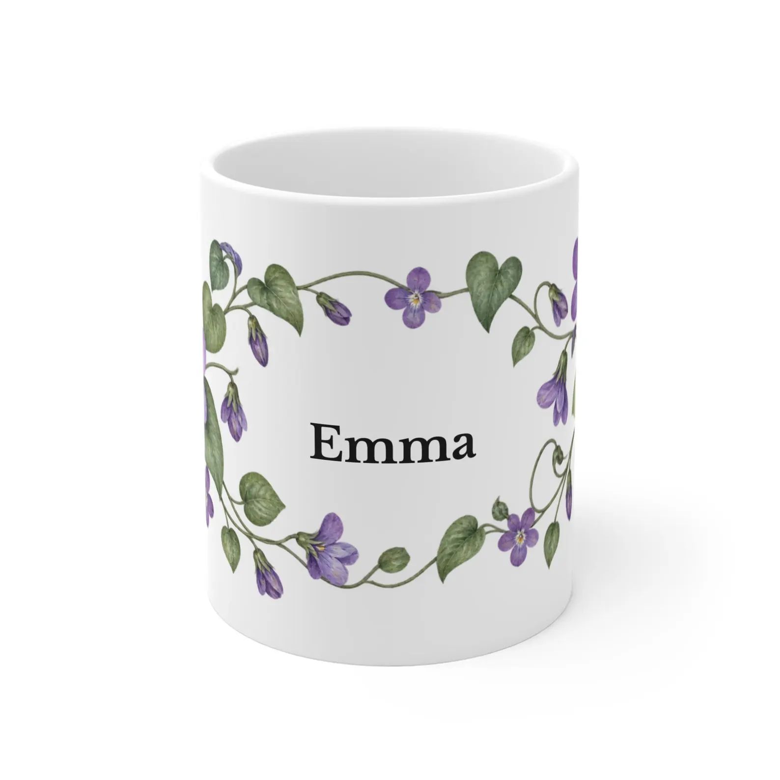 February violet mug with the example name Emma — digital mockup