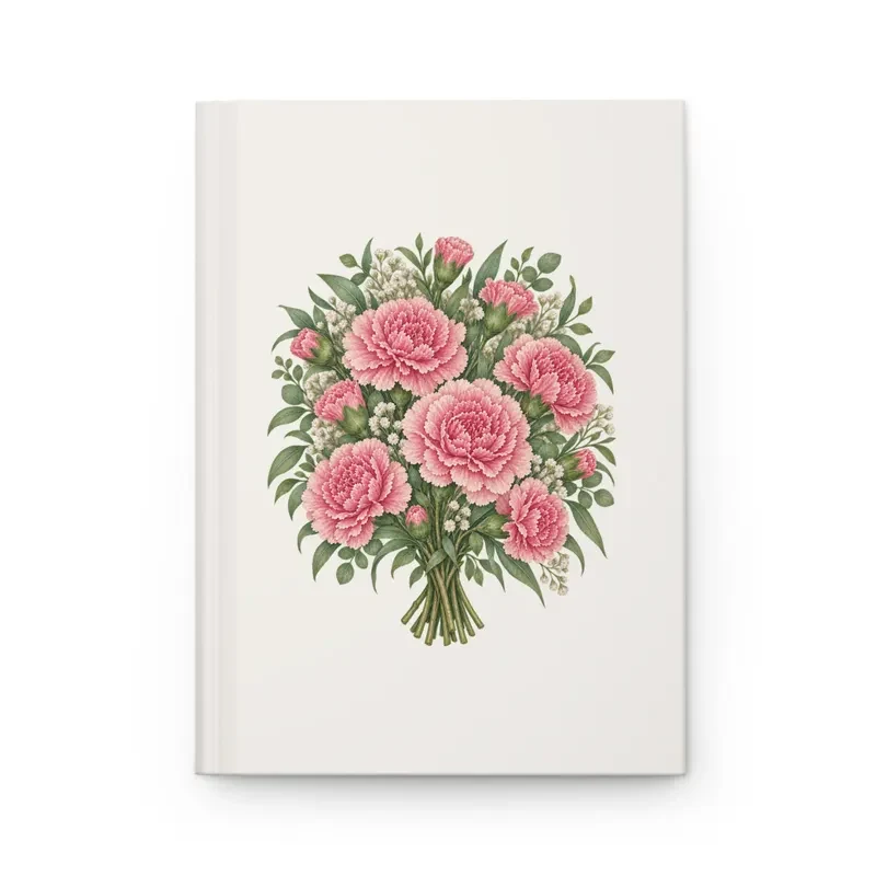 January carnation bouquet on a cream matte hardcover journal, front view — digital mockup