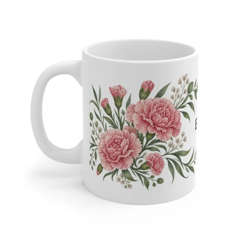 January carnation wrap on a white ceramic mug, floral-facing view — digital mockup