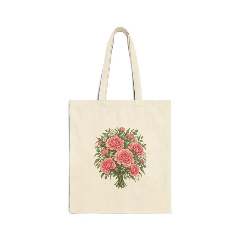 January carnation bouquet on a natural canvas tote — digital mockup