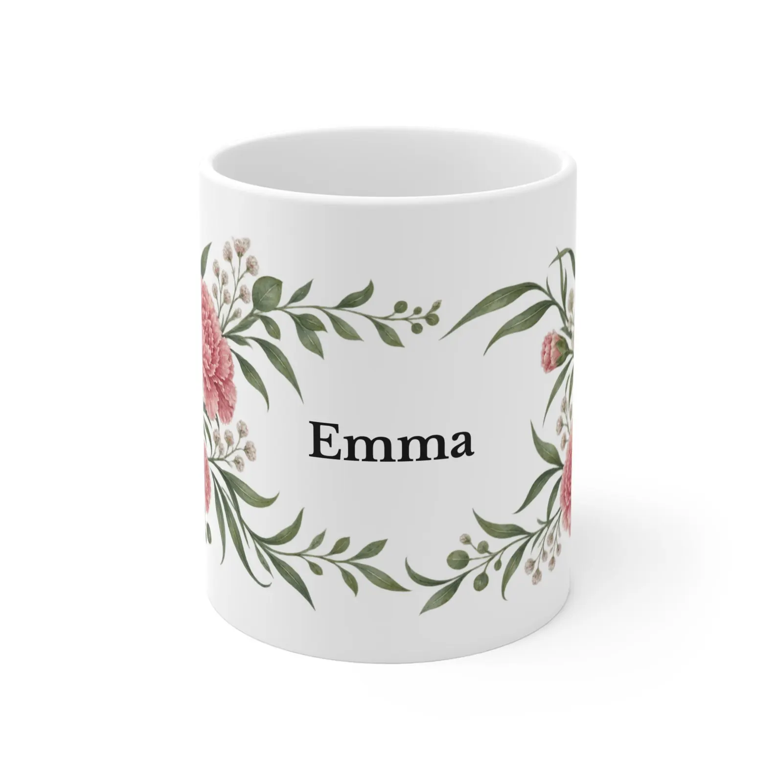 January carnation mug with the example name Emma — digital mockup