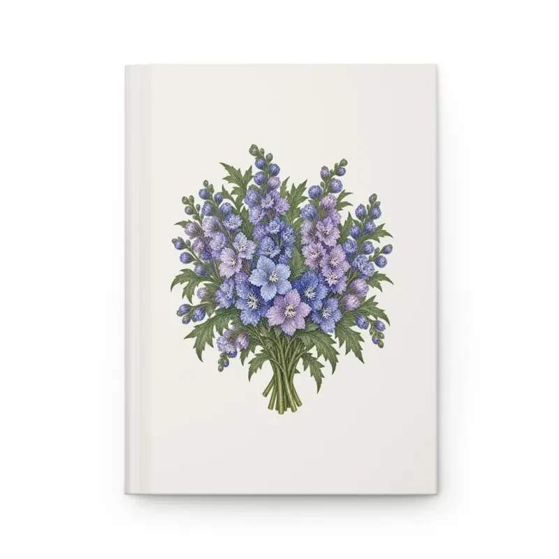 July larkspur bouquet on a cream matte hardcover journal, front view — digital mockup