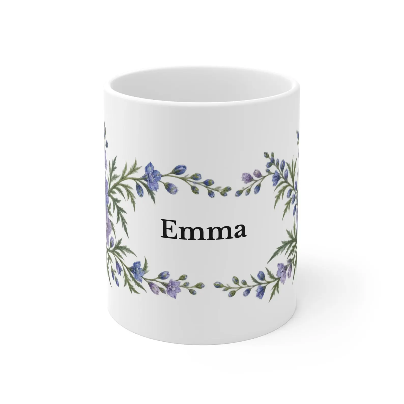 July larkspur mug with the example name Emma — digital mockup