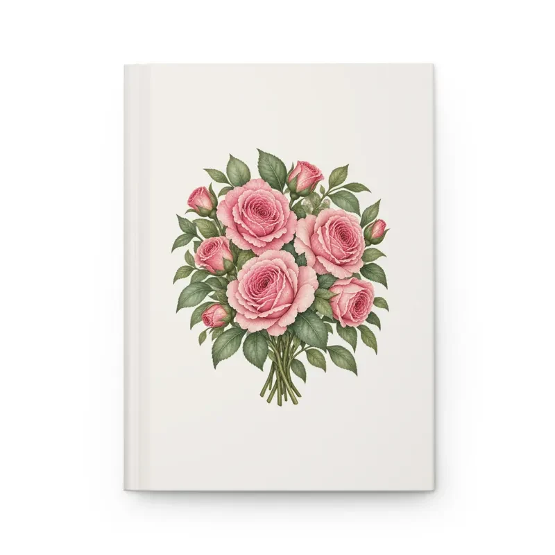 June rose bouquet on a cream matte hardcover journal, front view — digital mockup