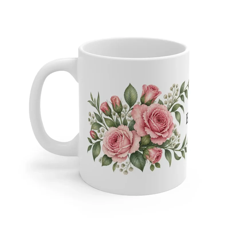 June rose wrap on a white ceramic mug, floral-facing view — digital mockup