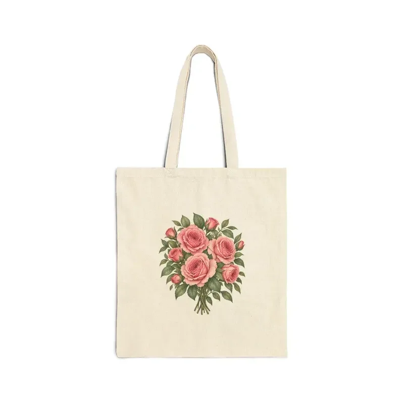 June rose bouquet on a natural canvas tote — digital mockup