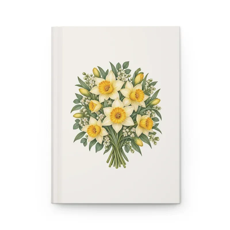 March daffodil bouquet on a cream matte hardcover journal, front view — digital mockup