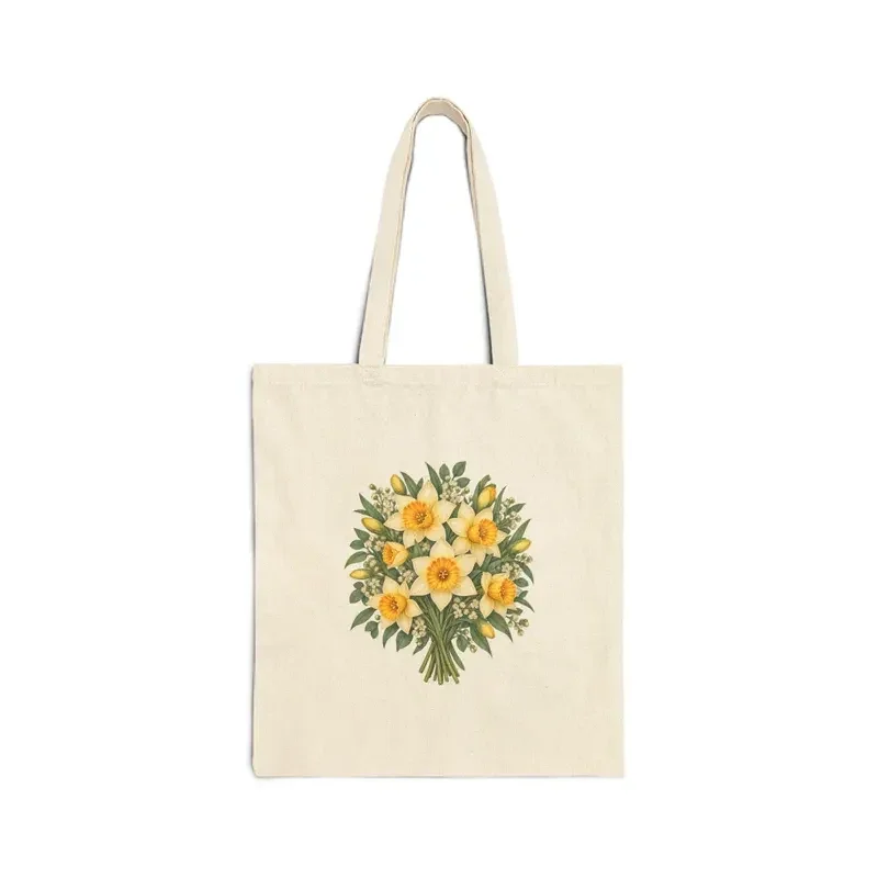 March daffodil bouquet on a natural canvas tote — digital mockup