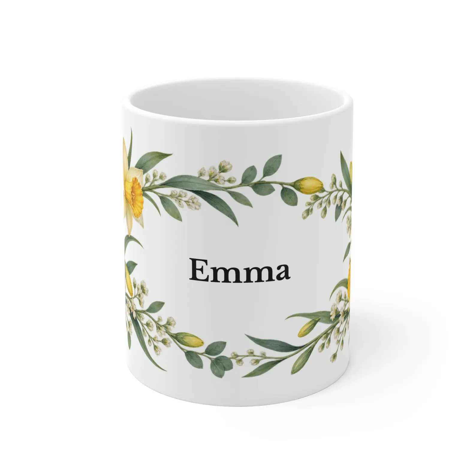 March daffodil mug with the example name Emma — digital mockup