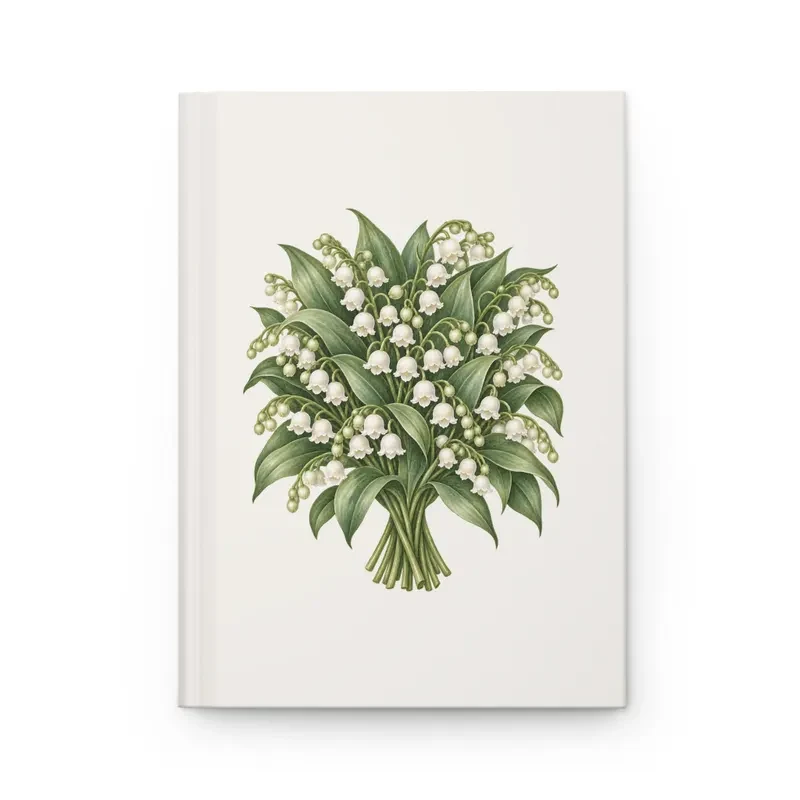 May lily of the valley bouquet on a cream matte hardcover journal, front view — digital mockup