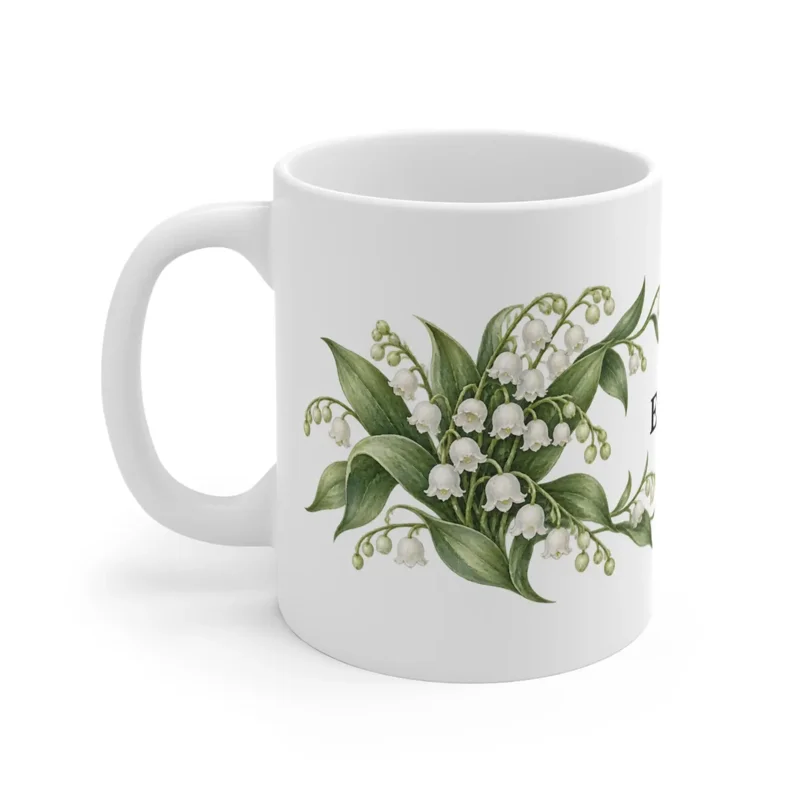 May lily of the valley wrap on a white ceramic mug, floral-facing view — digital mockup