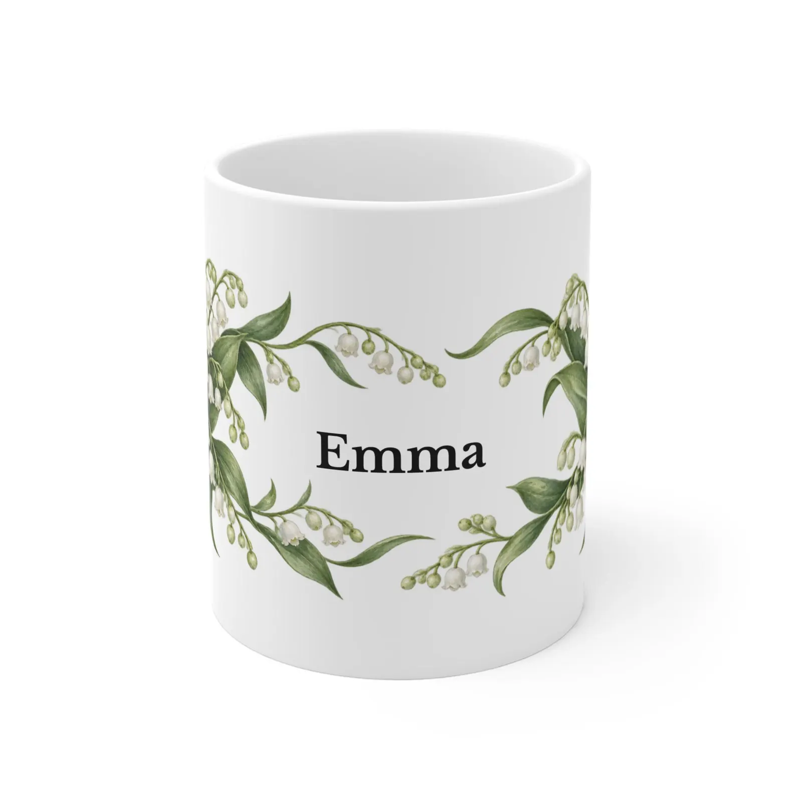 May lily of the valley mug with the example name Emma — digital mockup