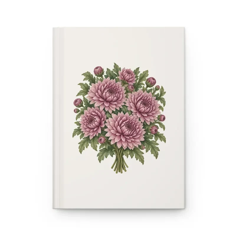 November chrysanthemum bouquet on a cream matte hardcover journal, front view — digital mockup