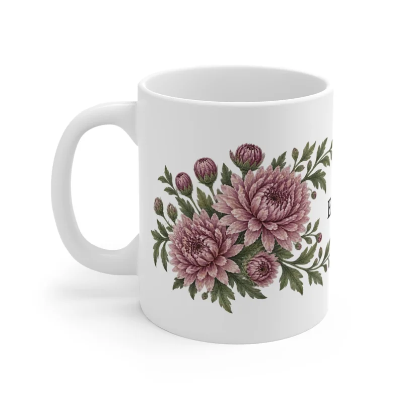 November chrysanthemum wrap on a white ceramic mug, floral-facing view — digital mockup