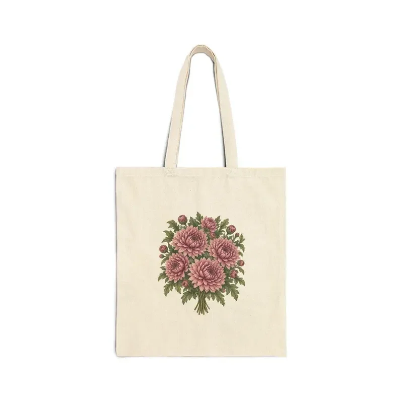 November chrysanthemum bouquet on a natural canvas tote — digital mockup