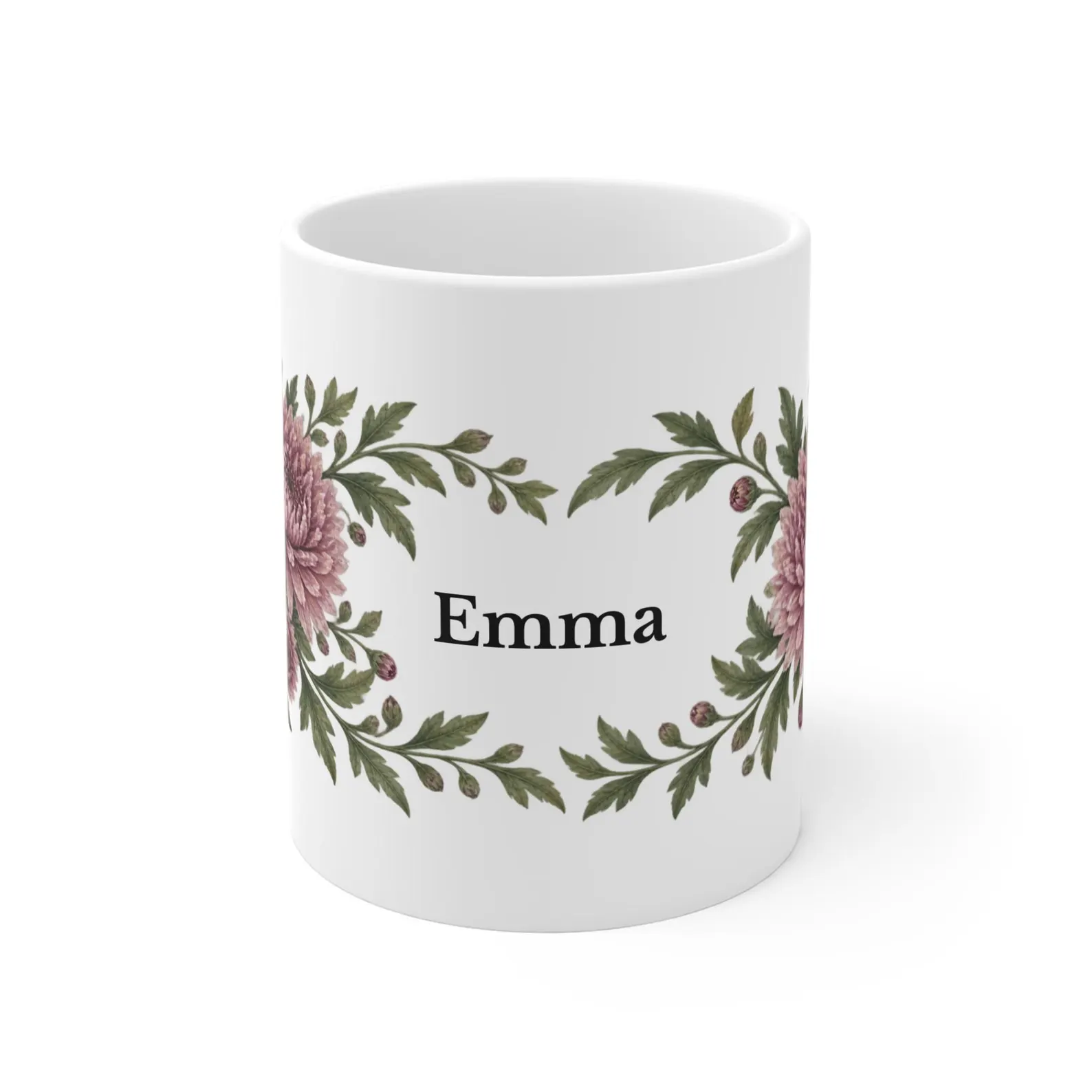 November chrysanthemum mug with the example name Emma — digital mockup