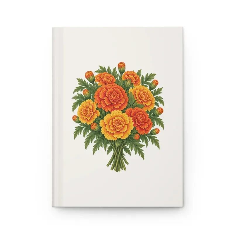 October marigold bouquet on a cream matte hardcover journal, front view — digital mockup