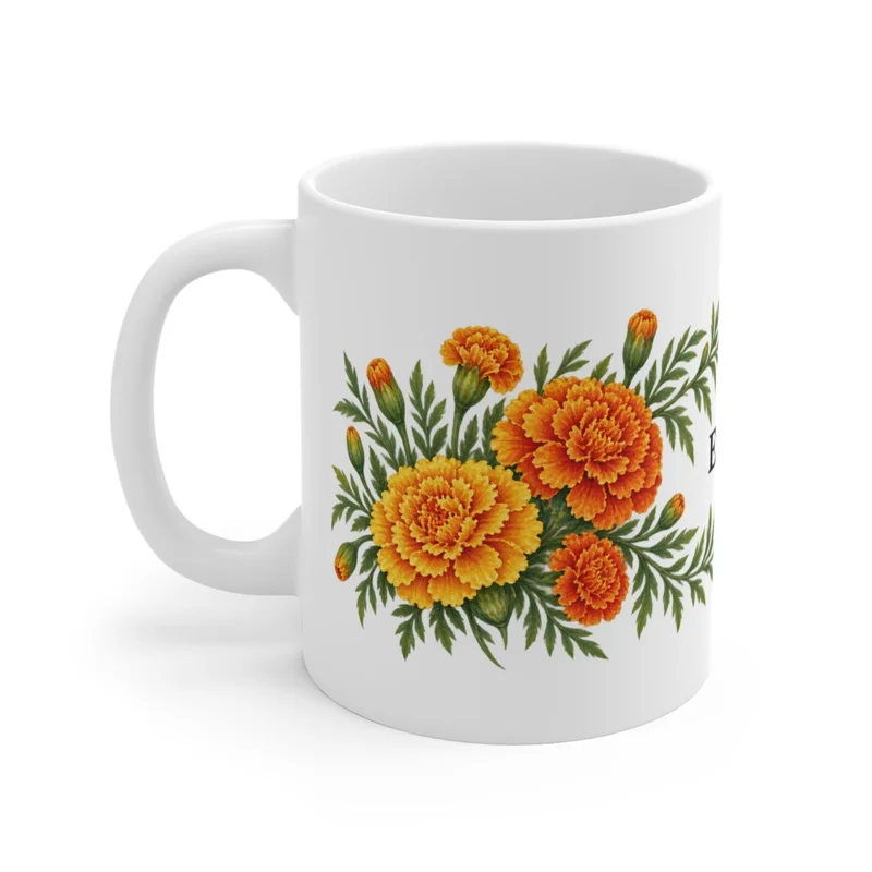 October marigold wrap on a white ceramic mug, floral-facing view — digital mockup