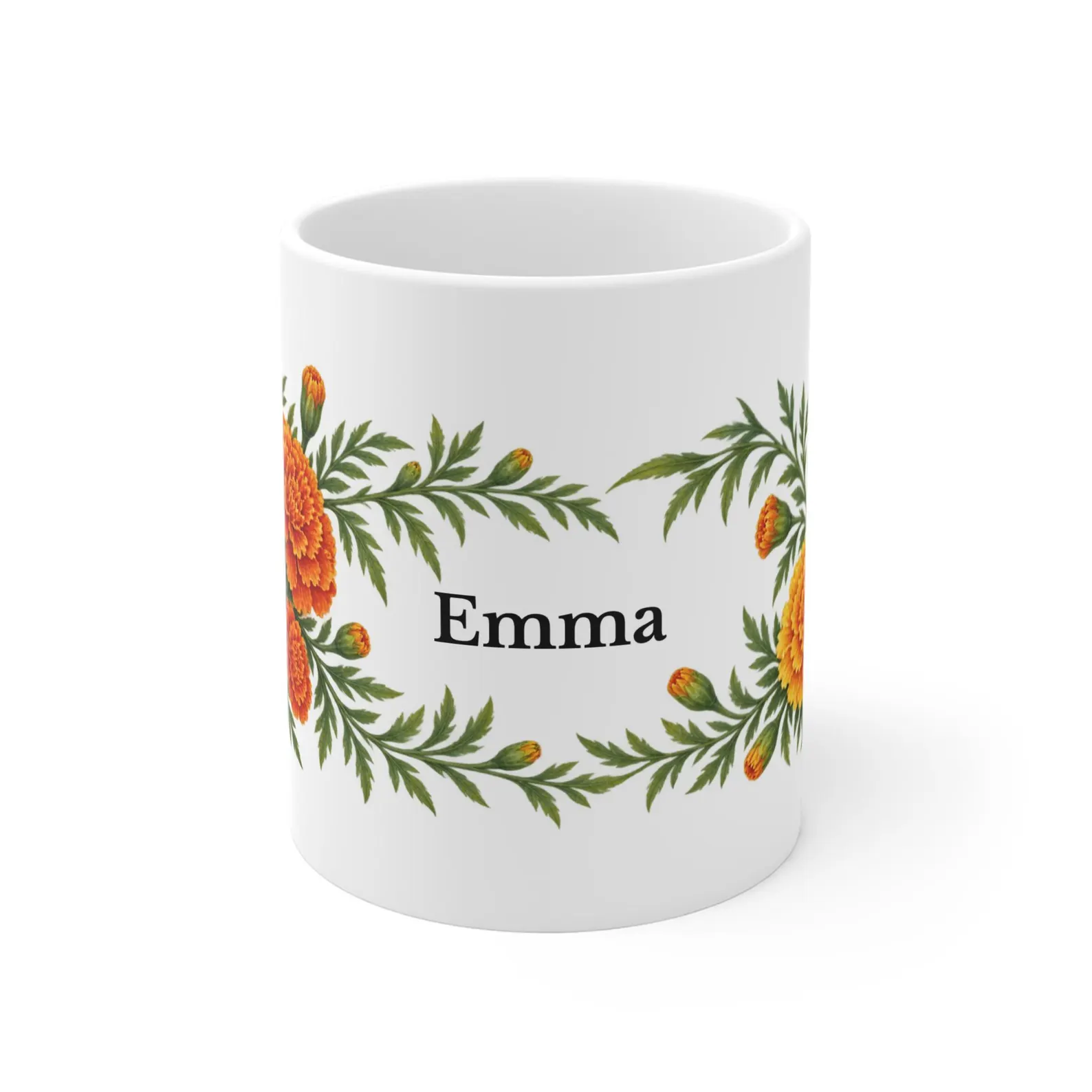 October marigold mug with the example name Emma — digital mockup