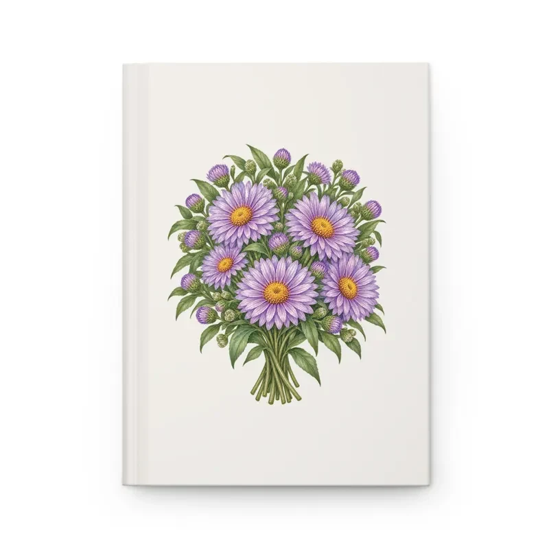 September aster bouquet on a cream matte hardcover journal, front view — digital mockup