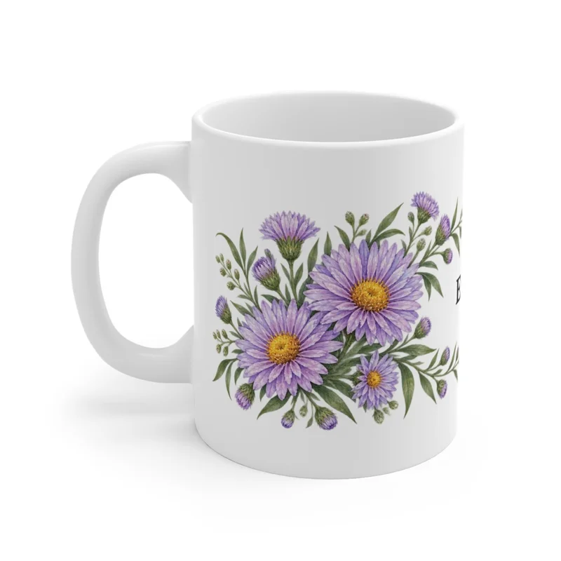 September aster wrap on a white ceramic mug, floral-facing view — digital mockup