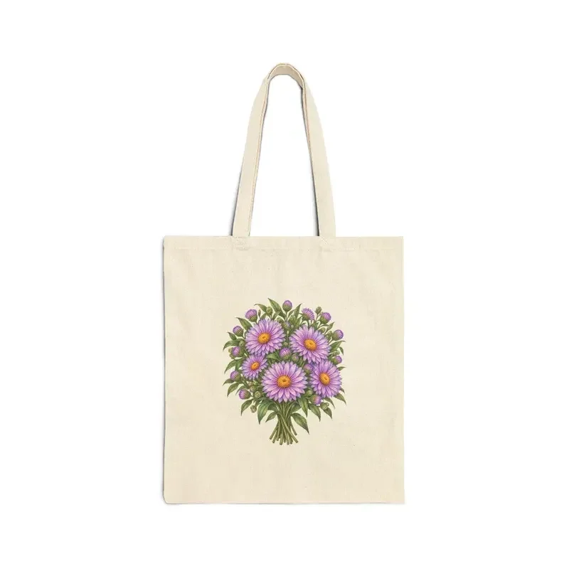 September aster bouquet on a natural canvas tote — digital mockup