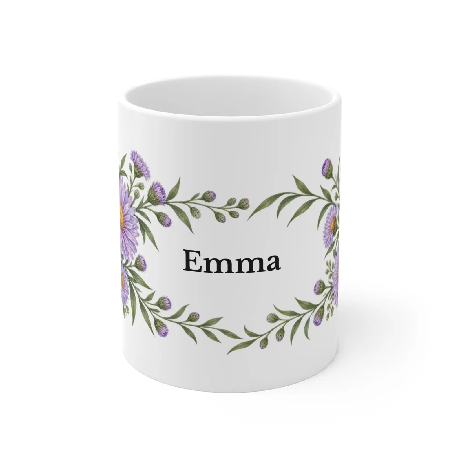 September aster mug with the example name Emma — digital mockup